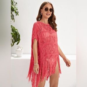 NWT Fringe Crochet Salmon Pink Swim Beach Kimono